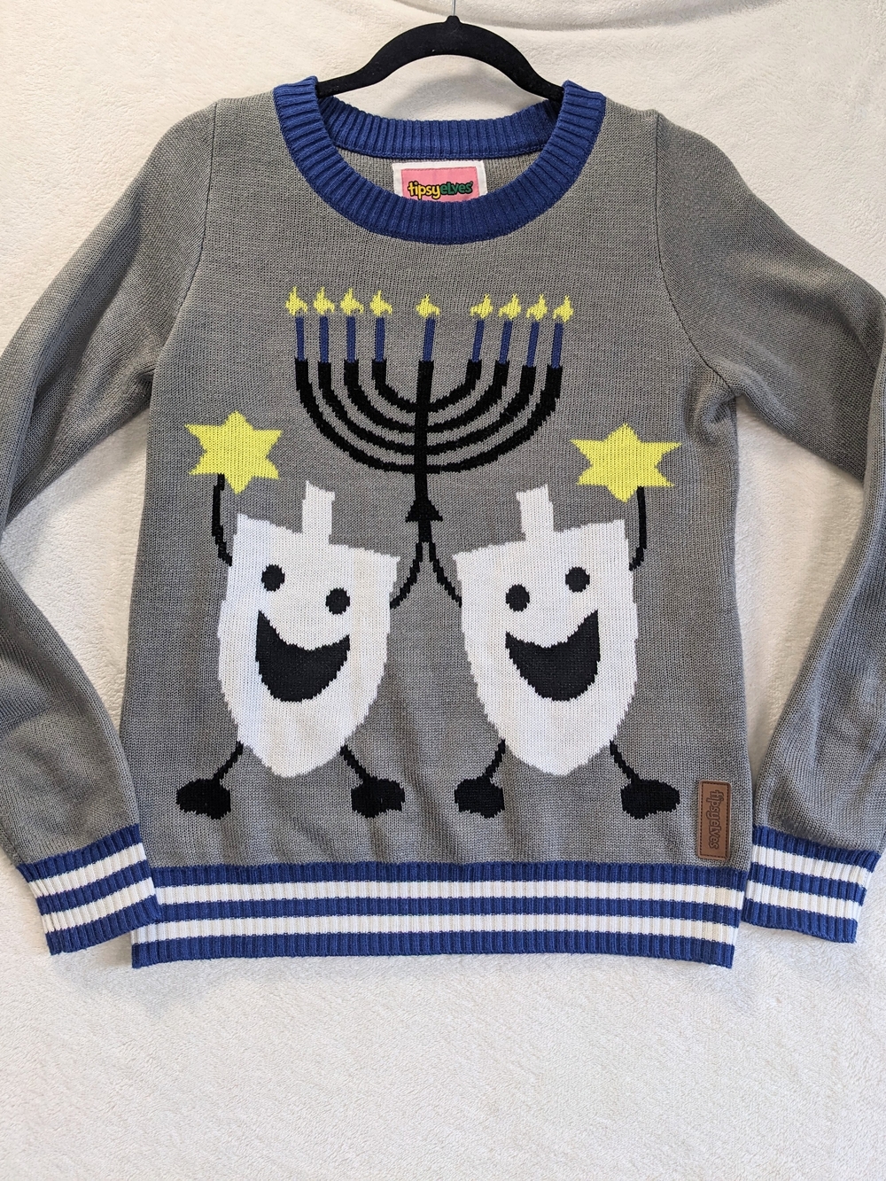 Tipsy Elves Gray Sweater with White Dreidels, Blue Trim & Yellow Stars S Flaw